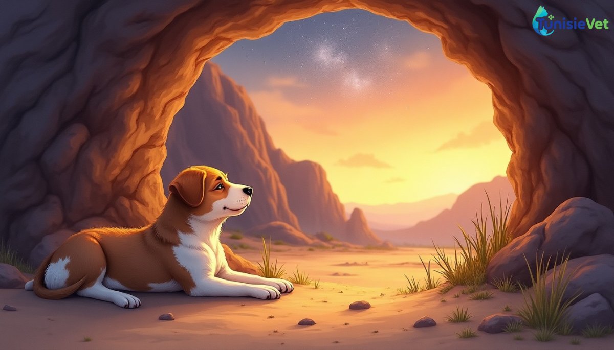 Un chien fidèle couché à l'entrée d'une caverne paisible, veillant dans la lumière dorée du crépuscule.
