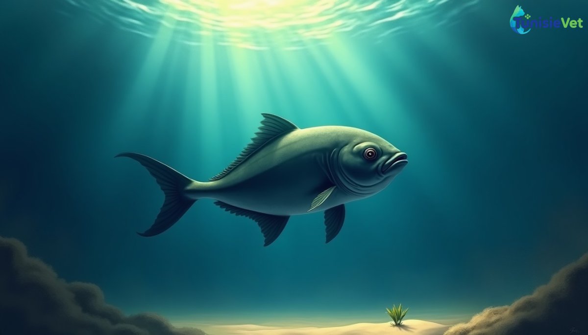 Un grand poisson nageant dans les profondeurs bleutées de l'océan, illustration douce en aquarelle évoquant l'histoire du prophète Yunus.