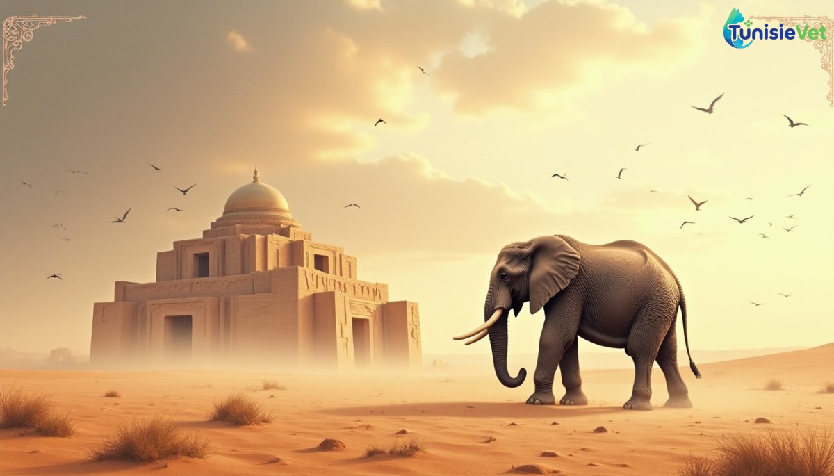 Un éléphant se tient immobile face à la Kaaba dans le désert, tandis que des volées d'oiseaux approchent dans le ciel doré.