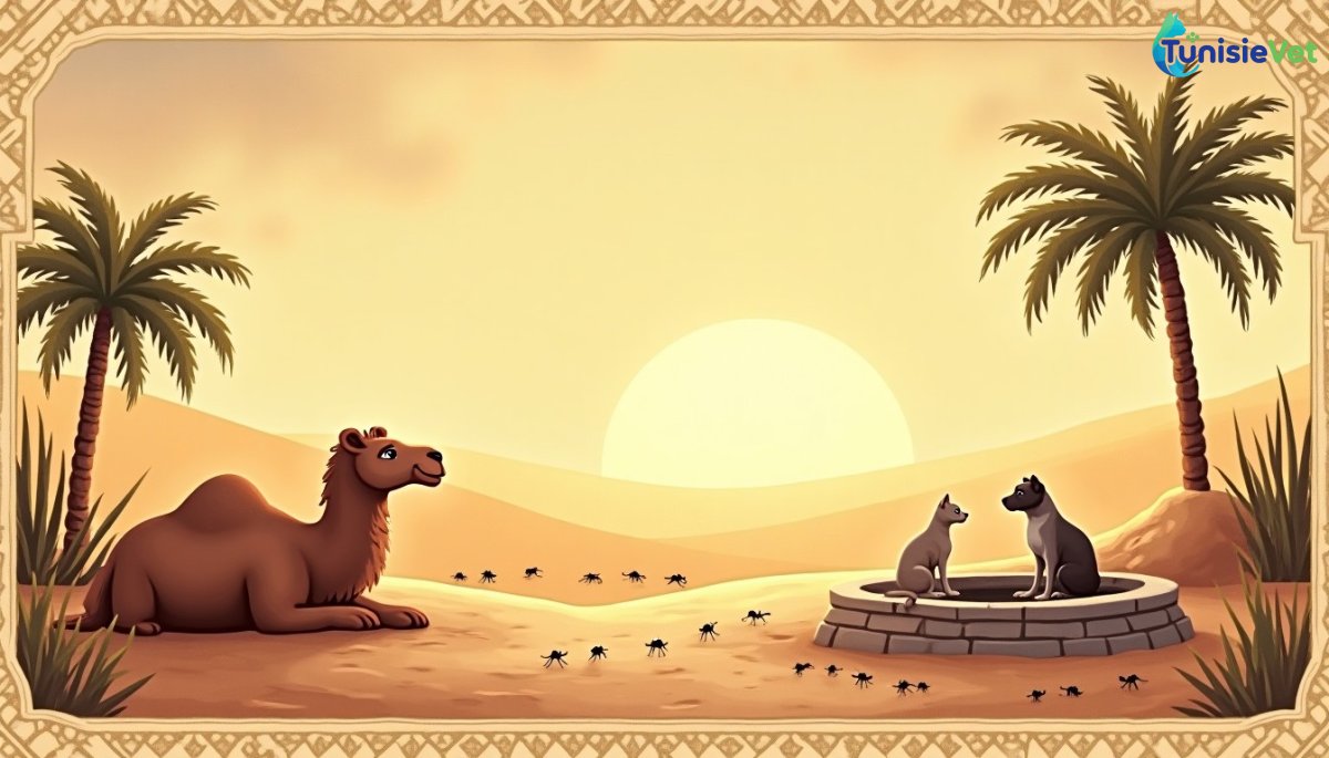 Illustration douce à l'aquarelle d'un chameau, de fourmis, d'un chat et d'un chien réunis paisiblement près d'un puits dans une oasis au coucher du soleil.