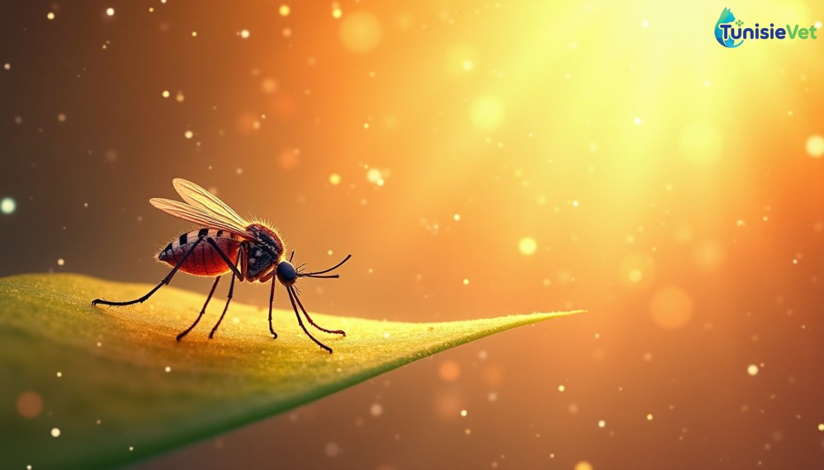 Un moustique minuscule posé sur une feuille translucide sous une lumière dorée, illustrant l'exemple cité dans le Coran.
