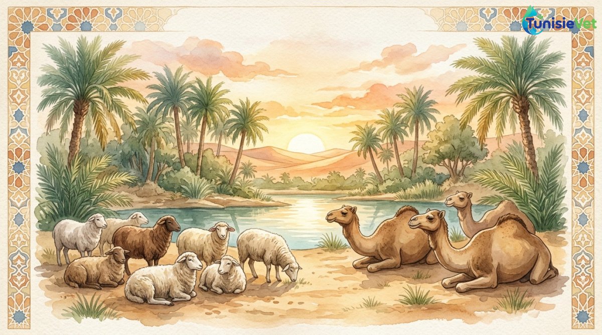 Un troupeau de moutons et de chameaux se reposant paisiblement dans une oasis dorée au coucher du soleil.