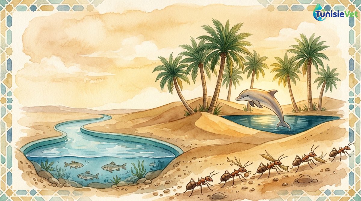 Illustration aquarelle douce montrant des fourmis dans le désert et des poissons avec un dauphin dans une mer turquoise, symbolisant la diversité des créatures terrestres et marines.