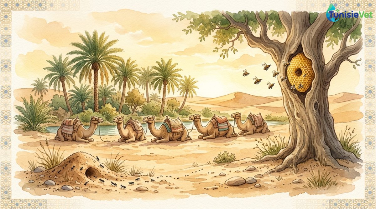 Illustration douce de chameaux au repos près d'une oasis, avec des abeilles et des fourmis évoquant les signes mentionnés dans le Coran.
