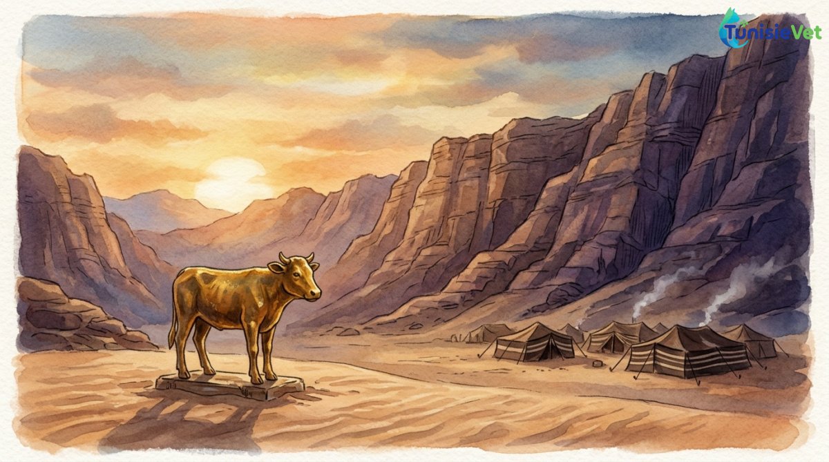 Illustration douce à l'aquarelle d'un veau doré se dressant seul dans le désert au pied d'une montagne.